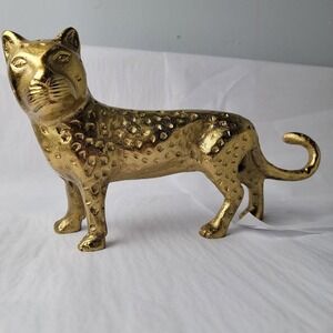 Vintage Brass Tone Leopard Statue: Heavy Metal Jungle Decor MCM Cat‎ Feline